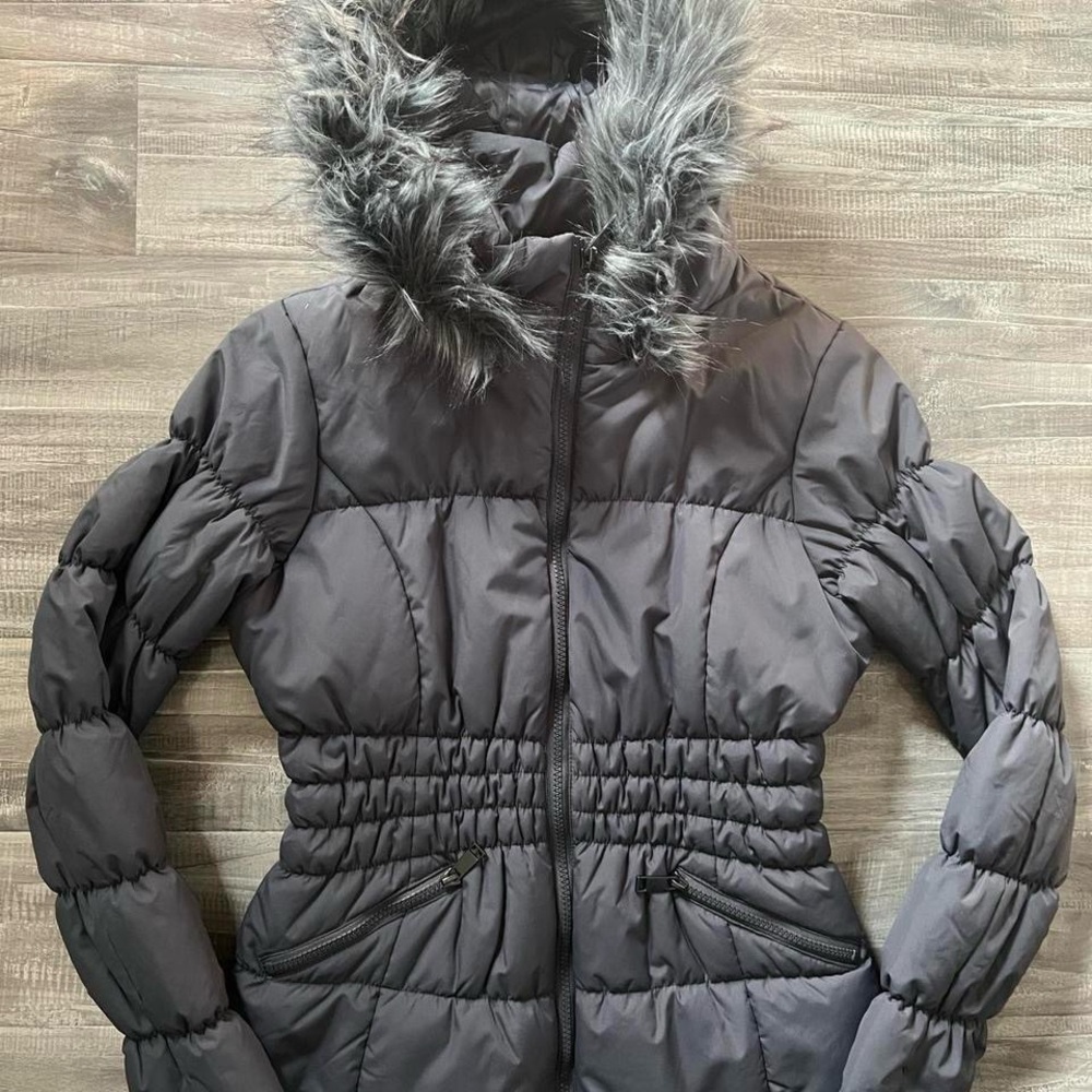 Y2K Maralyn & Me Dark Gray Puffer Jacket with Faux Fur Hood